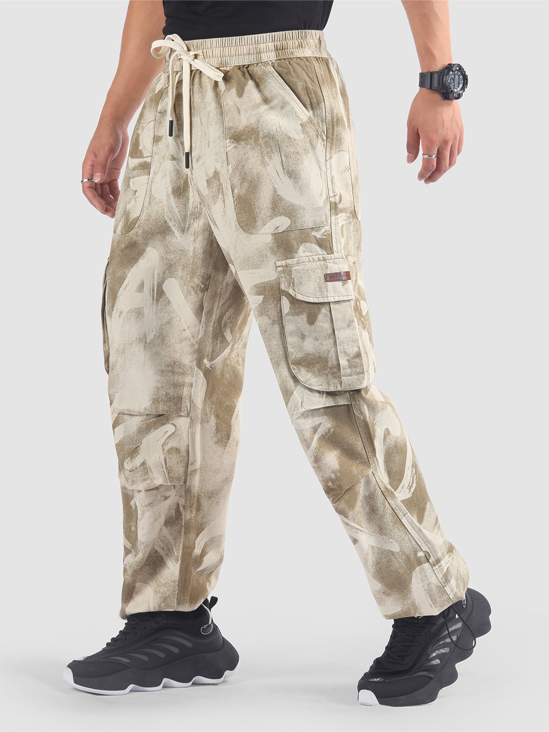 Beyoung Men Beige Oversized Camo Cargo Pants