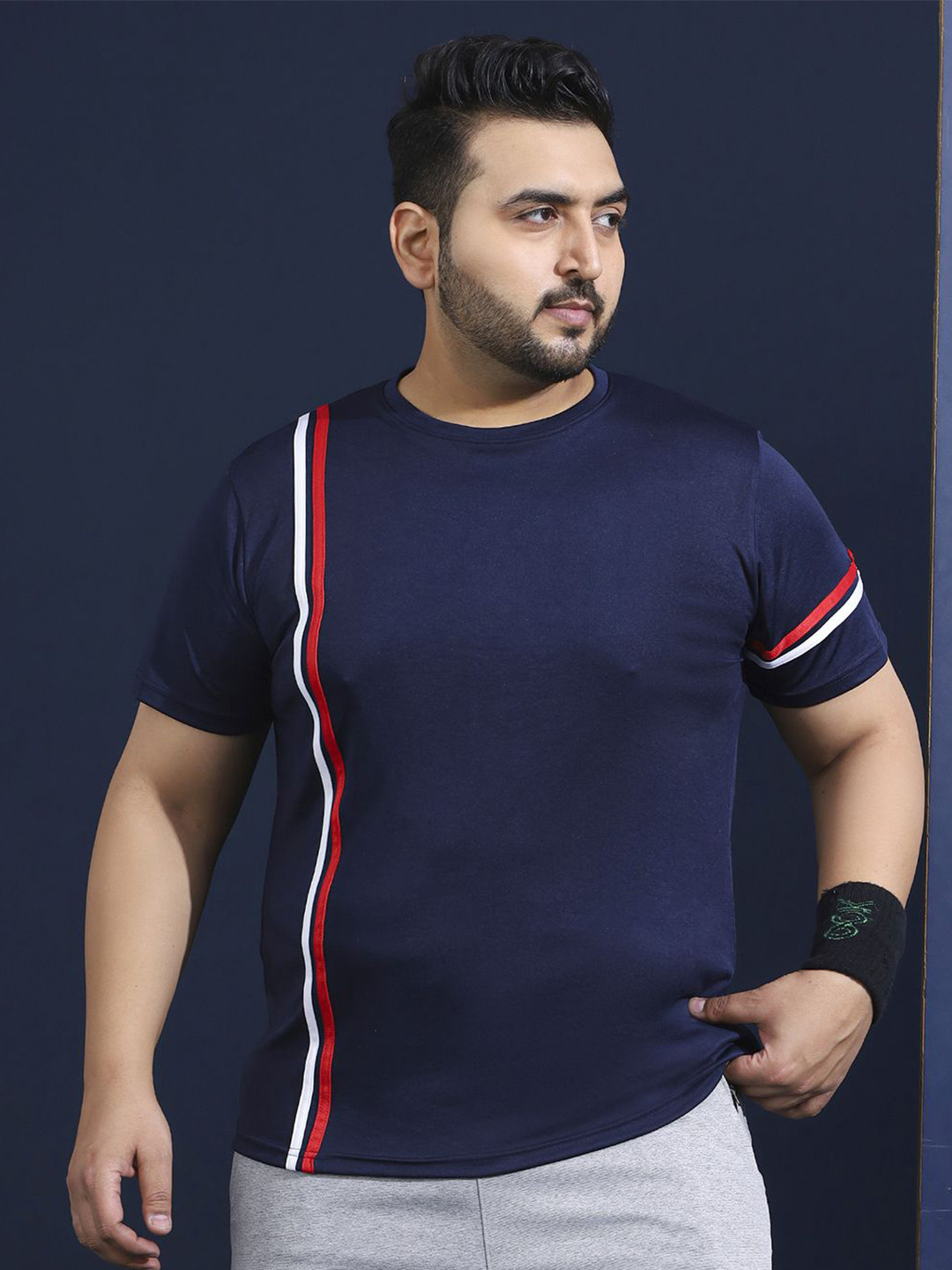bigbanana Men Plus Size Striped Dri-FIT Round Neck T-shirt