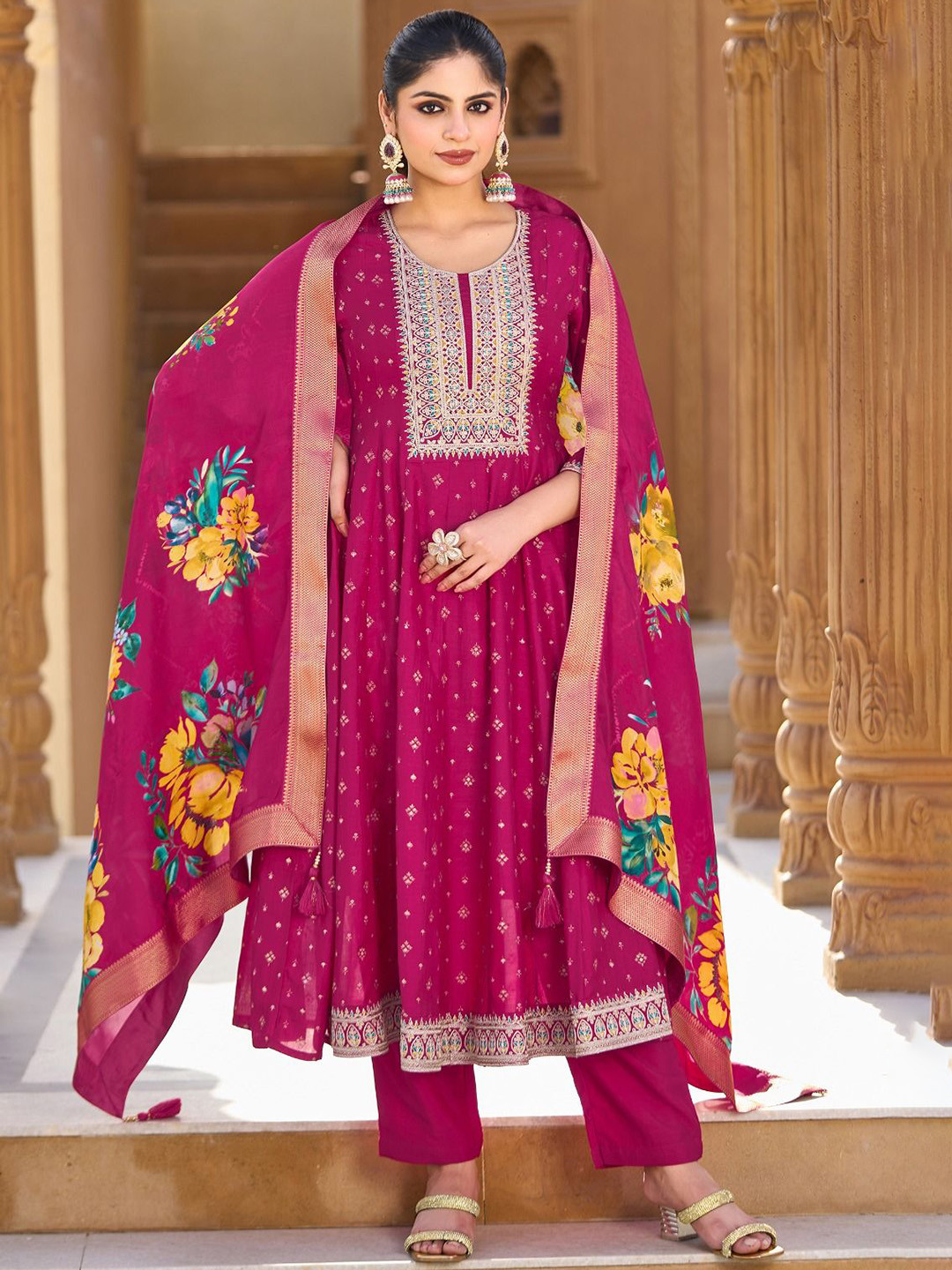 SHILL INTERNATIONAL Floral Printed Thread Work Anarkali Kurta With Trouser And Dupatta