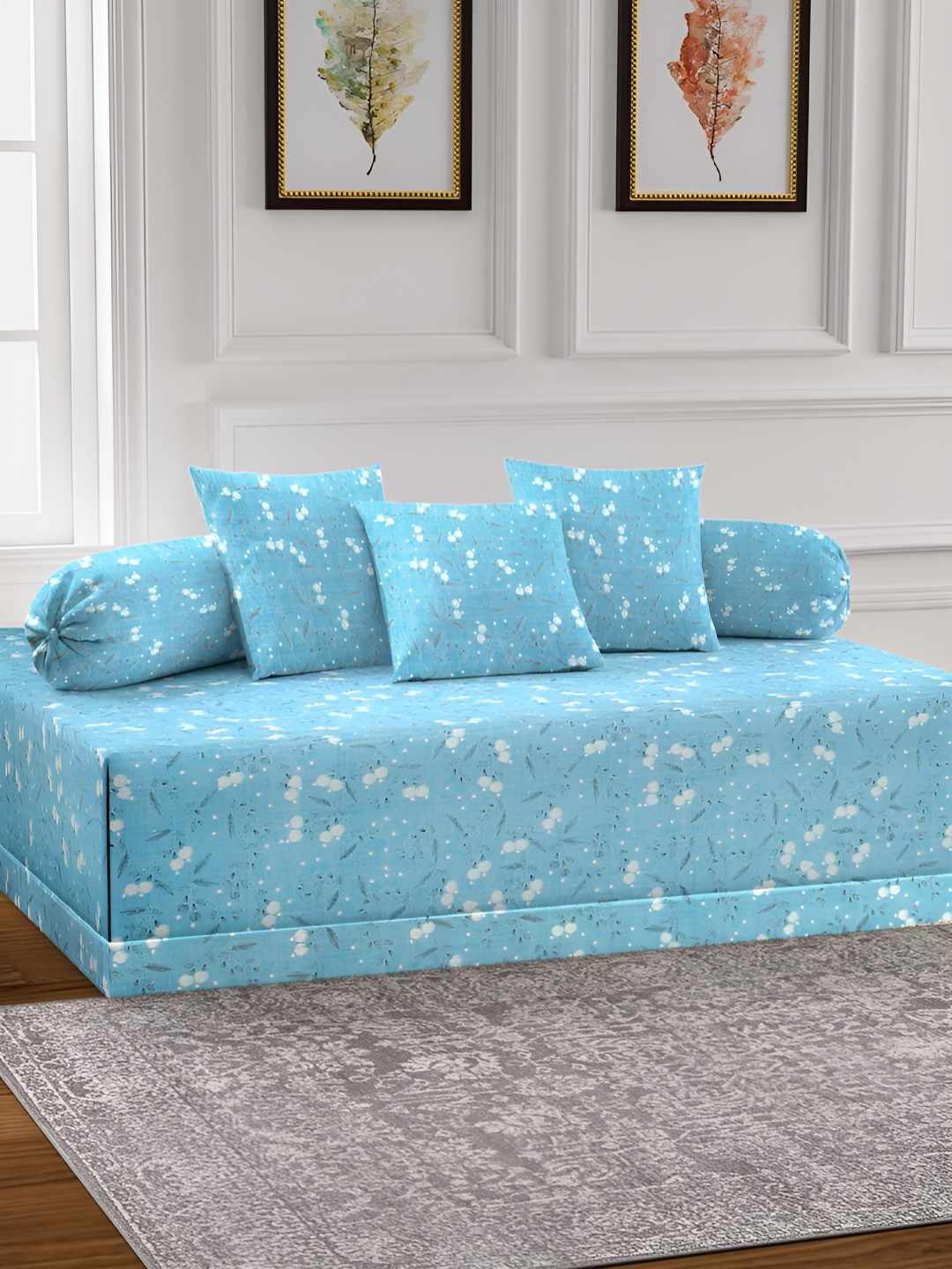 Arrabi 6Pcs Teal-Blue & White Floral Printed Skin-Friendly Superfine Quality Diwan Set