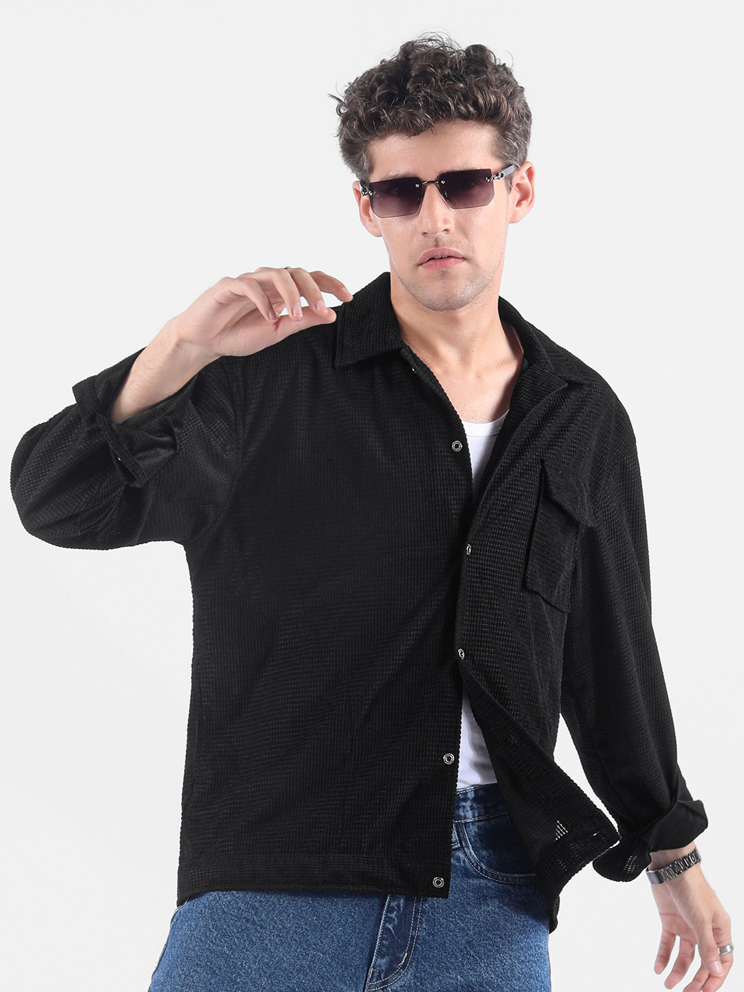 Beyoung Men Black Waffle Corduroy Shacket