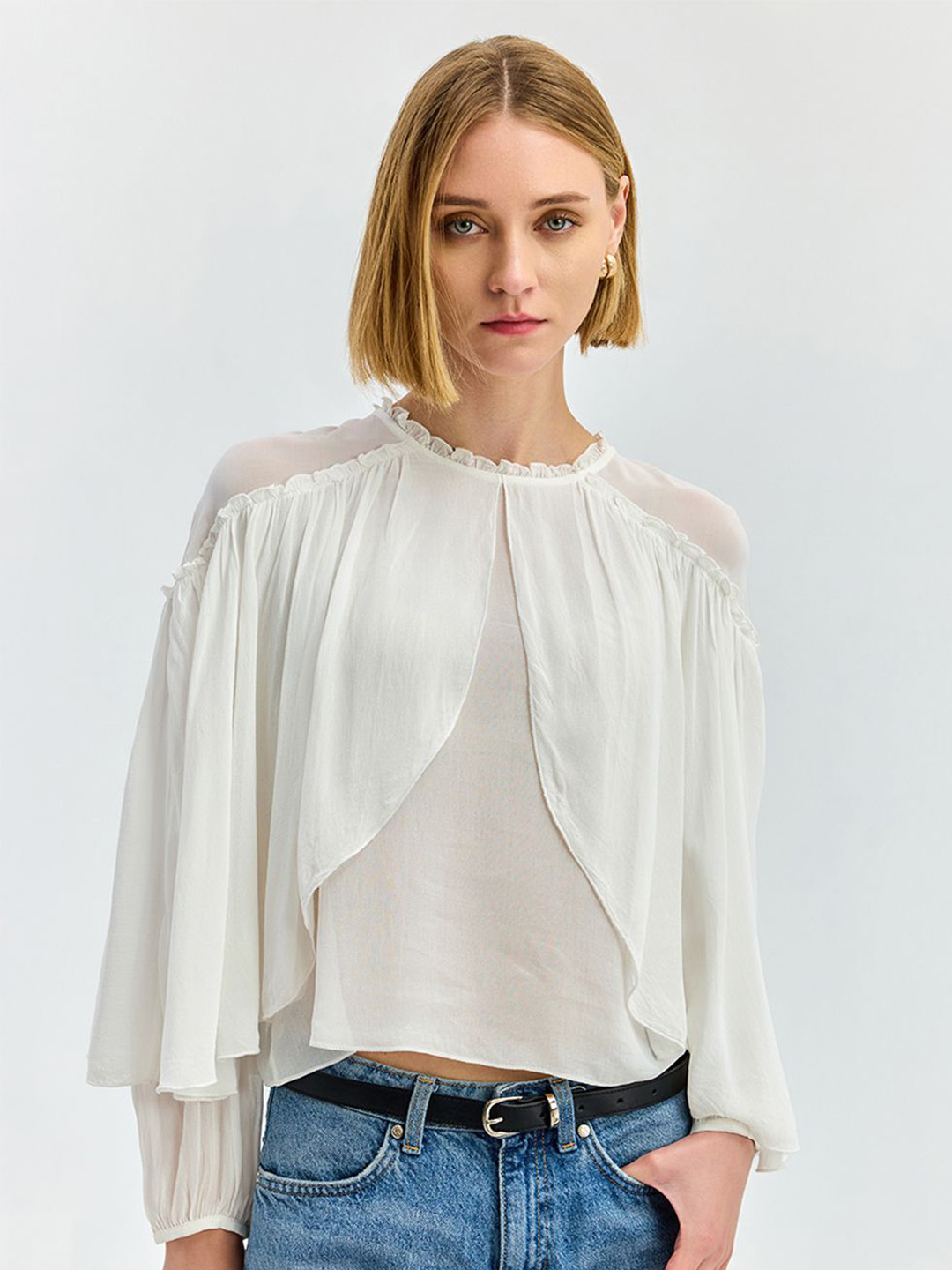 COVER STORY High Neck Cape Sleeve Chiffon Cape Top