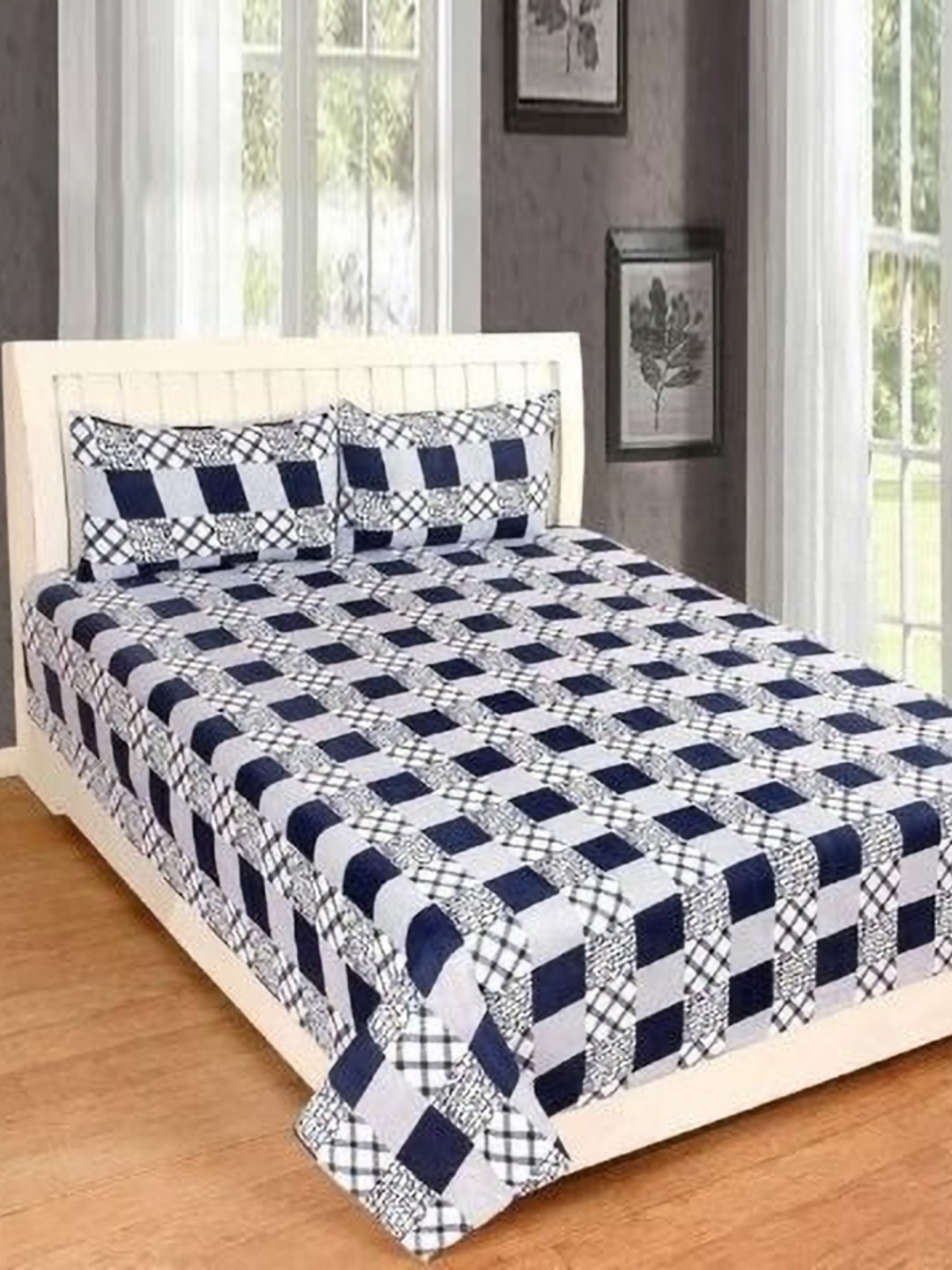 Aura Fitted_Fleno_Sbs Blue Checked Microfiber 144 TC King Bedsheet with 2 Pillow Covers-225 x 225 cm