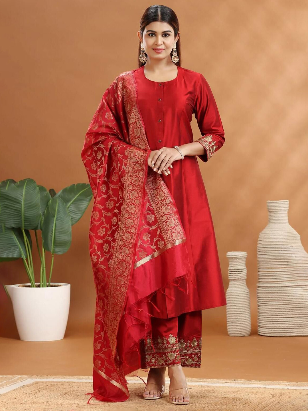COTTON CULTURE Women Dark Red Poly Silk A Line Embroidered Kurta Pant Suit Set