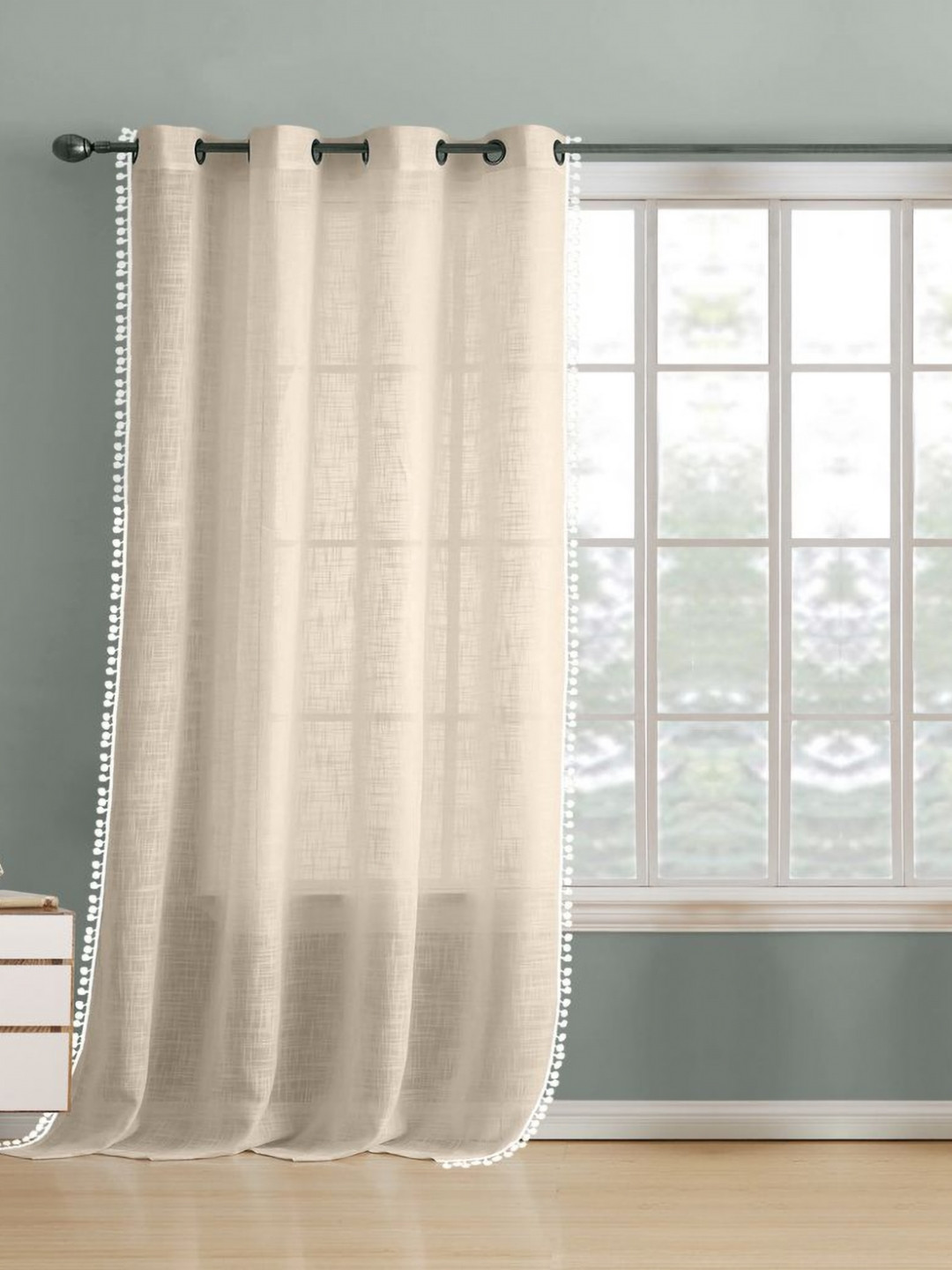 THE LINEN COMPANY Beige & White Cotton Sheer Window Curtain