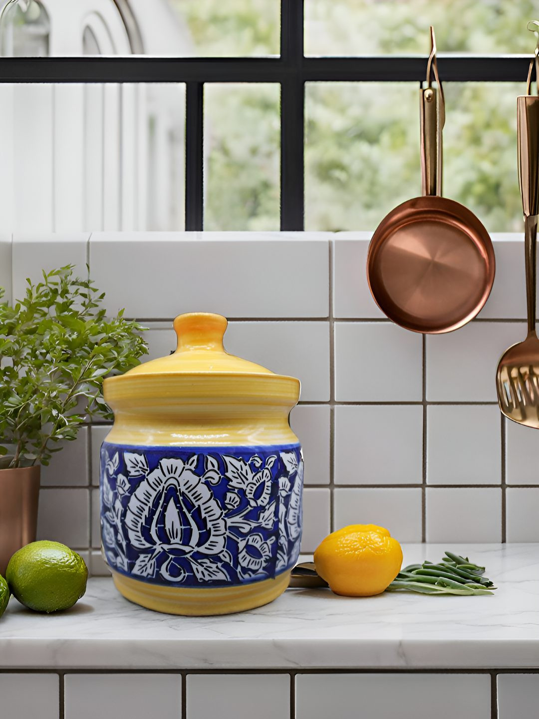 Kraftlik Handicraft 26-Pj1-Npm1 Yellow Floral Ceramic Easy To Clean Clip-On Canister-1L