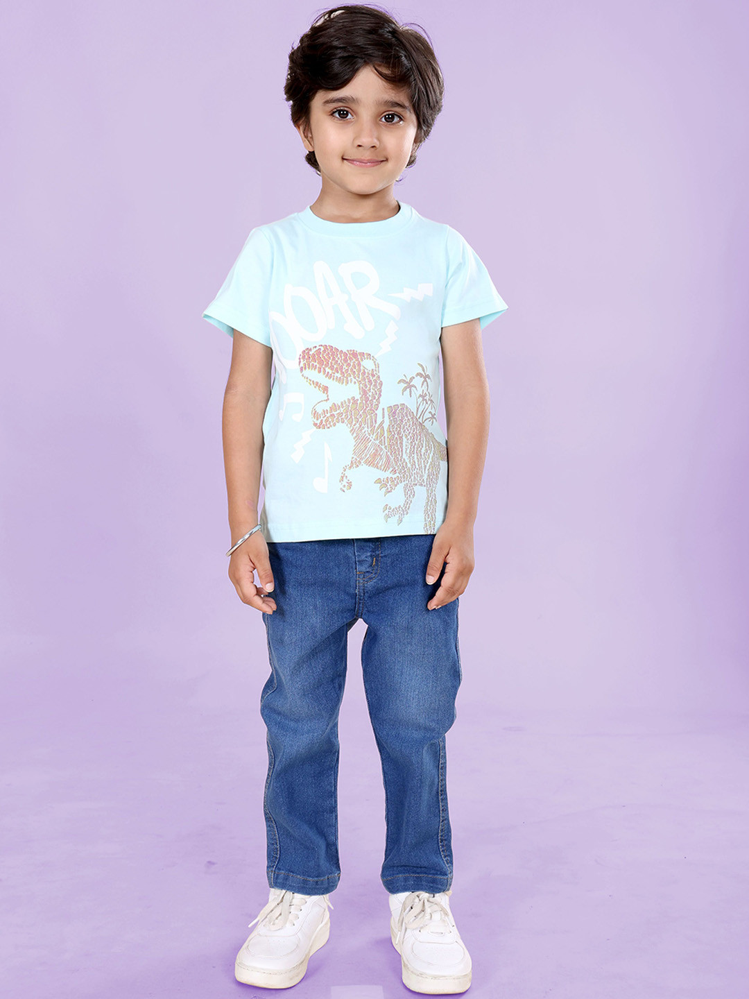 KiddoPanti Boys Graphic Roar Dinosaur Printed Round Neck T-Shirt With Jeans