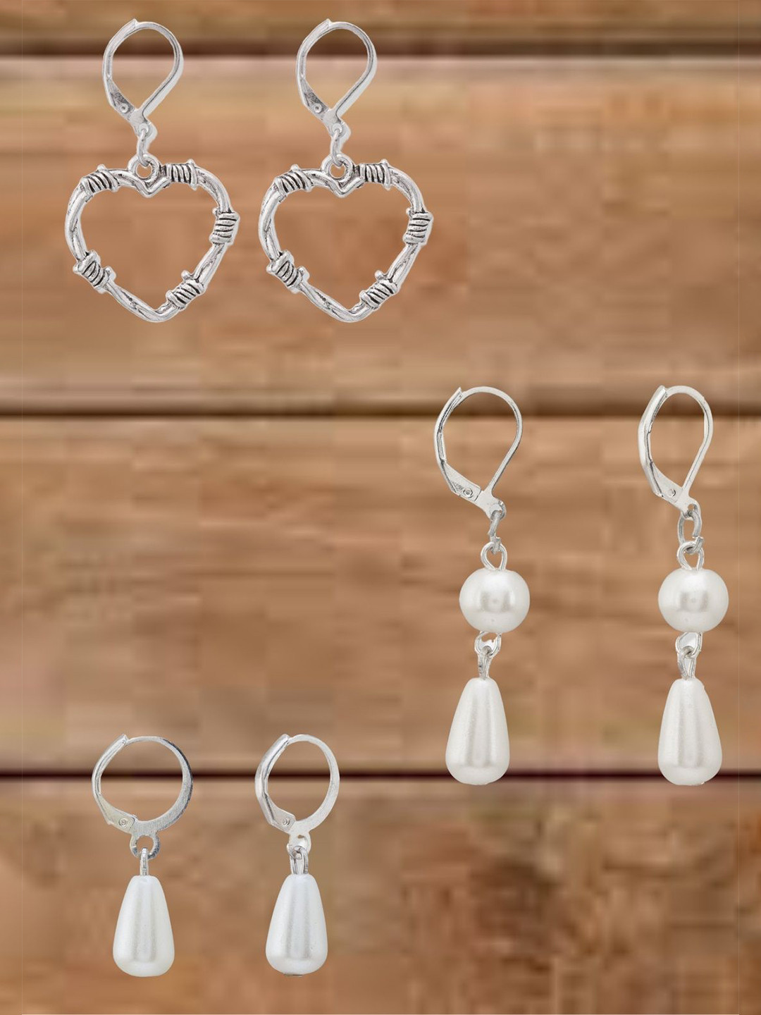 ATIBELLE Set Of  3 German Silver Plated Artificial Beads Heart Shape Drop Earrings