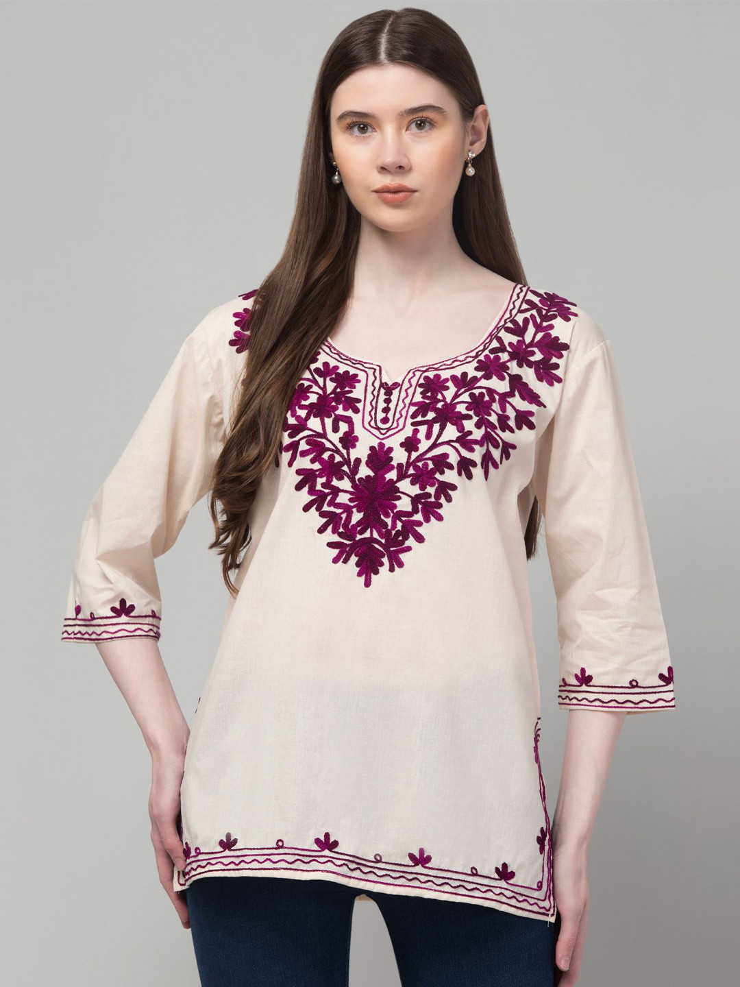 CROWN KING Women Ethnic Motifs Embroidered Thread Work Pure Cotton Kurti