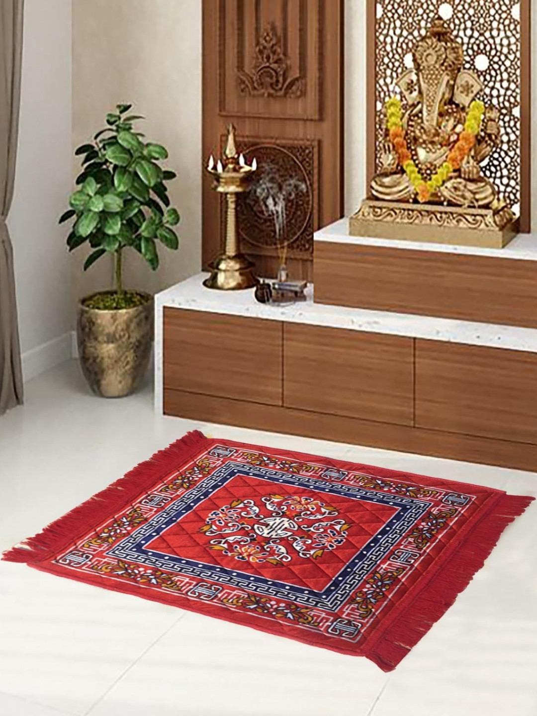 AAZEEM Blue & Red Ethnic Motifs Velvet Floor Mat