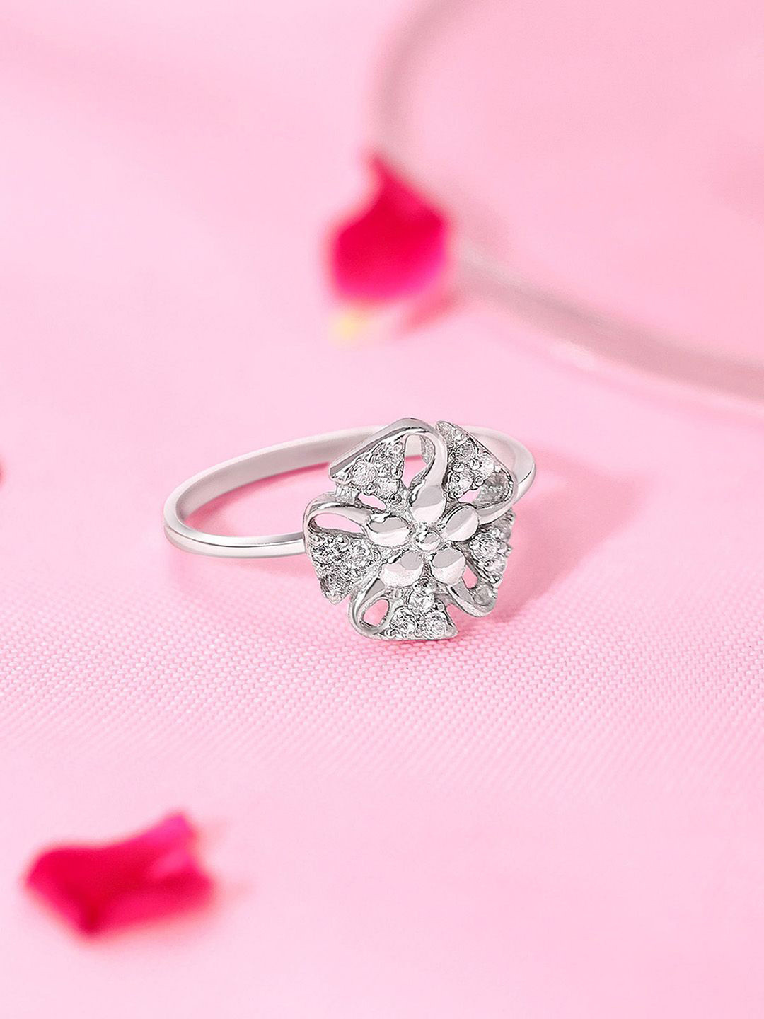 Tweov  Jewels Rhodium Plated 925 Sterling Silver CZ Stone Studded Floral Band Ring