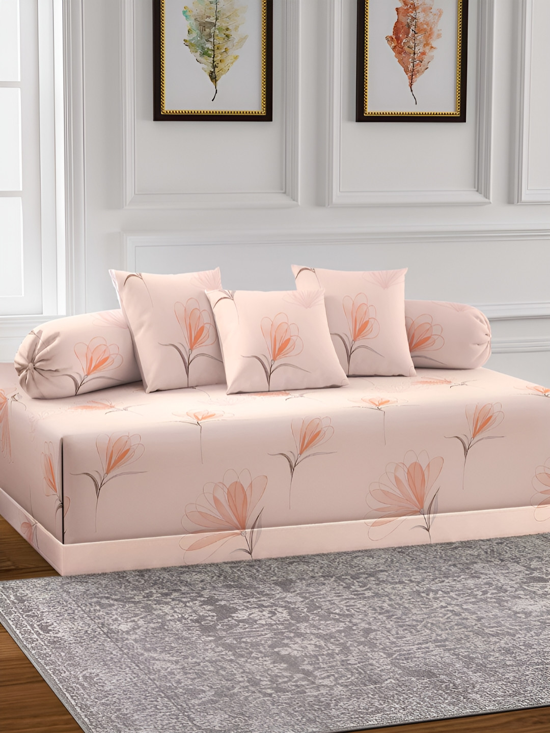Arrabi 6Pcs Peach-Colored & Grey Floral Printed Skin-Friendly Superfine Quality Diwan Set