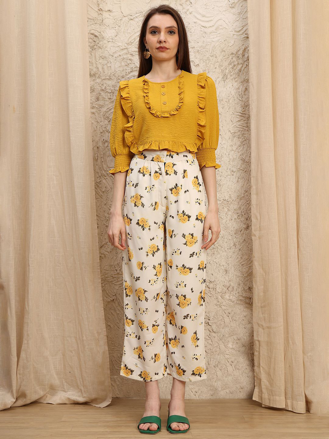 JAKANARY Round-Neck Yoke Top With Trouser Co-Ords