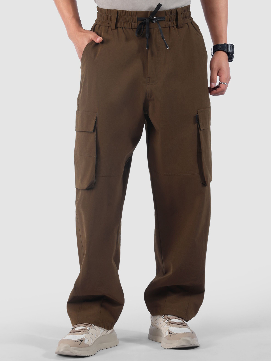 Beyoung Men Brown Raw Edge Light Weight Cargo Pants Trousers