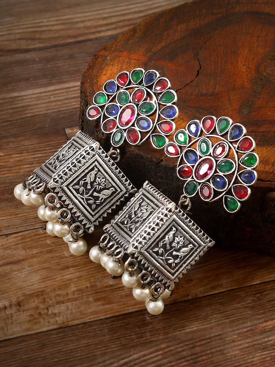 Tanusha Jewels Silver-Plated Pearls Beaded Artificial Stones Studded Oxidised Jhumkas