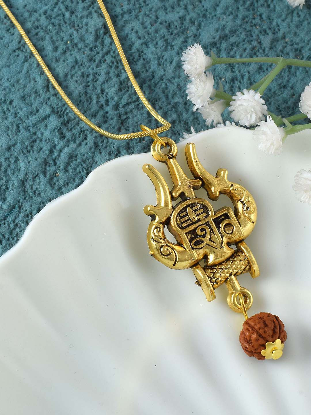 ADMIER Unisex Gold-Plated Trishul Damaroo Rudraksha Beaded Pendant with Chain