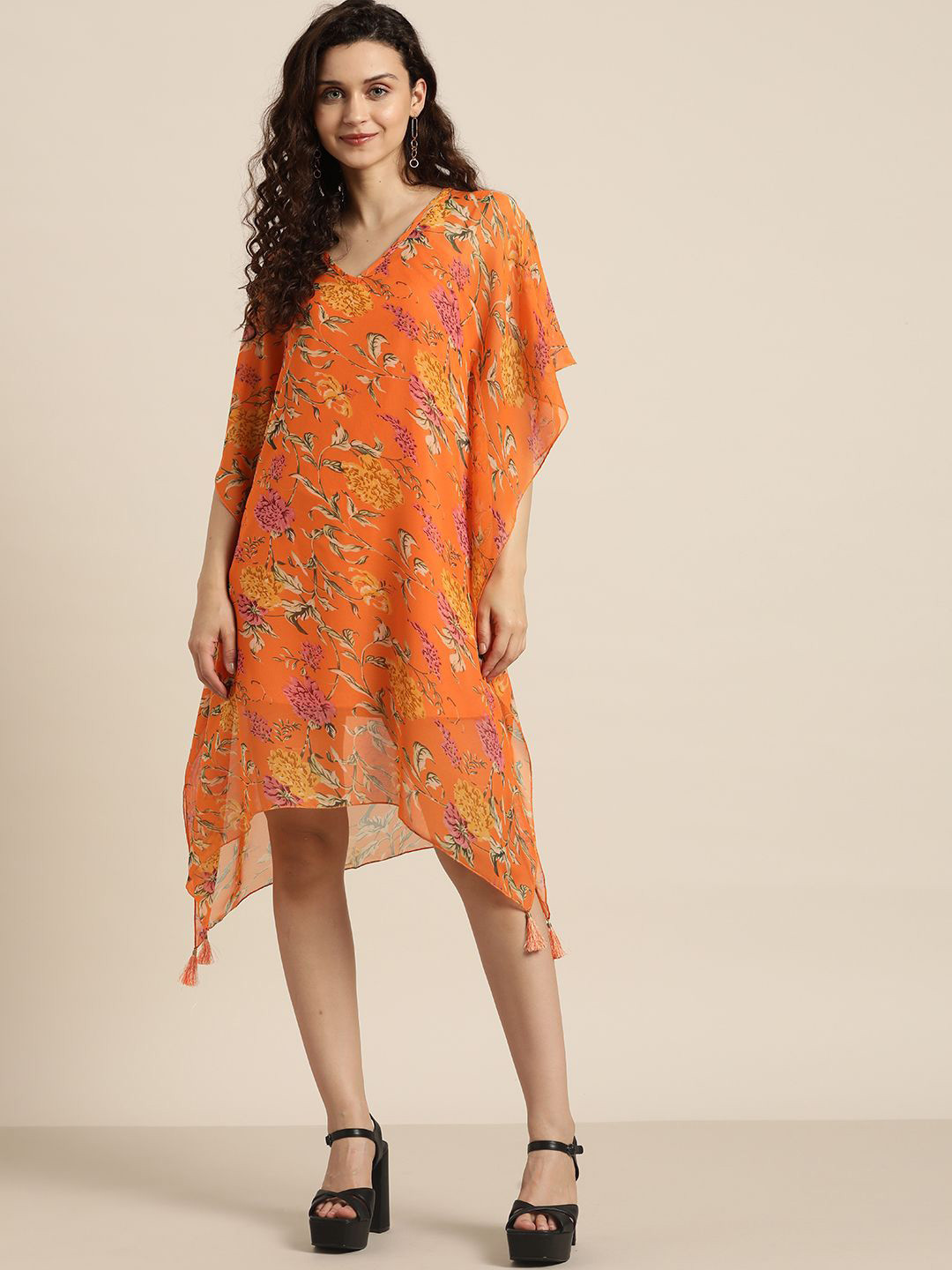Qurvii Floral Printed V-Neck Georgette Kaftan Dress