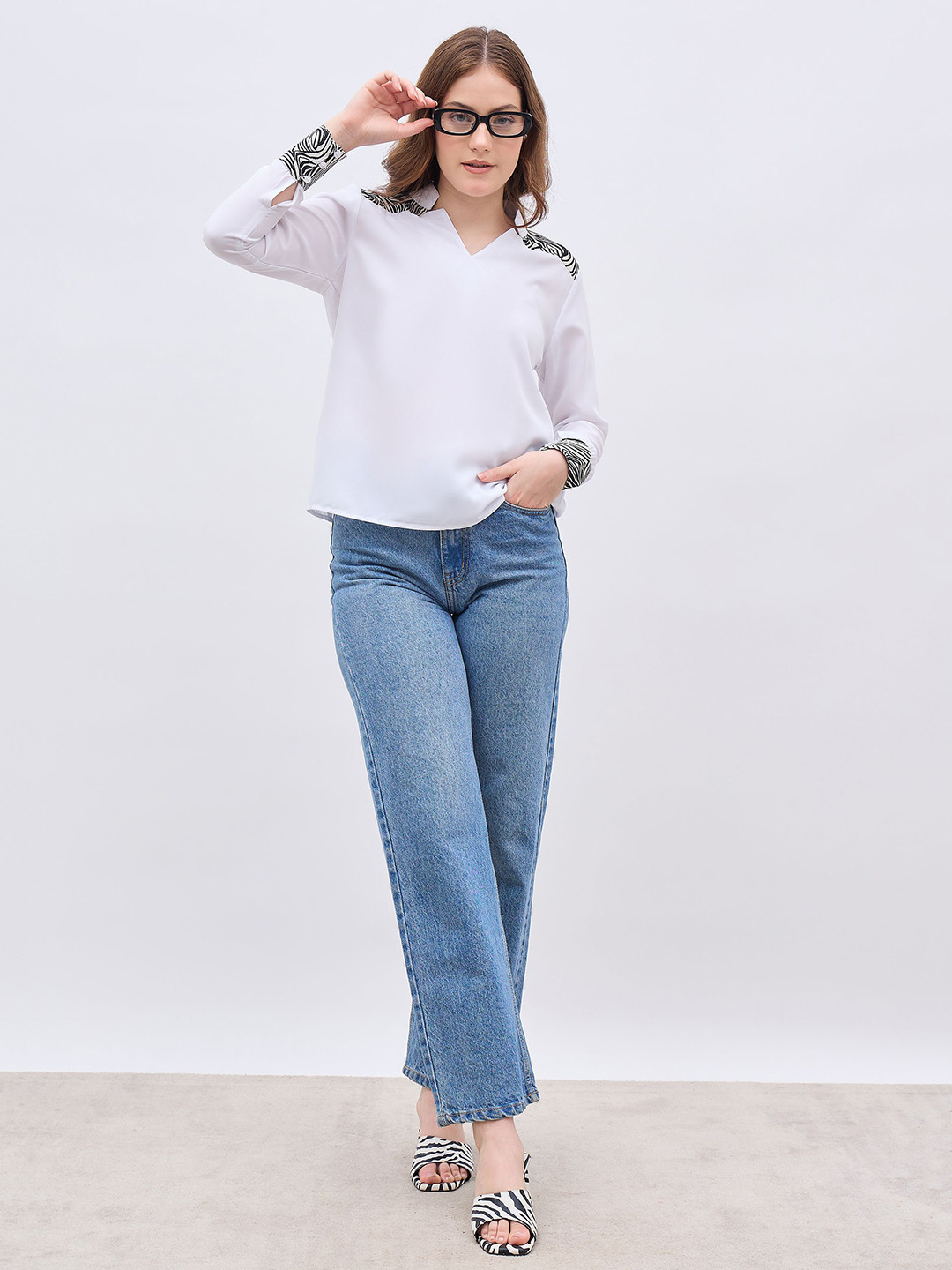 Styli Women V Notch Neck Contrast Animal Print Detail Casual Top