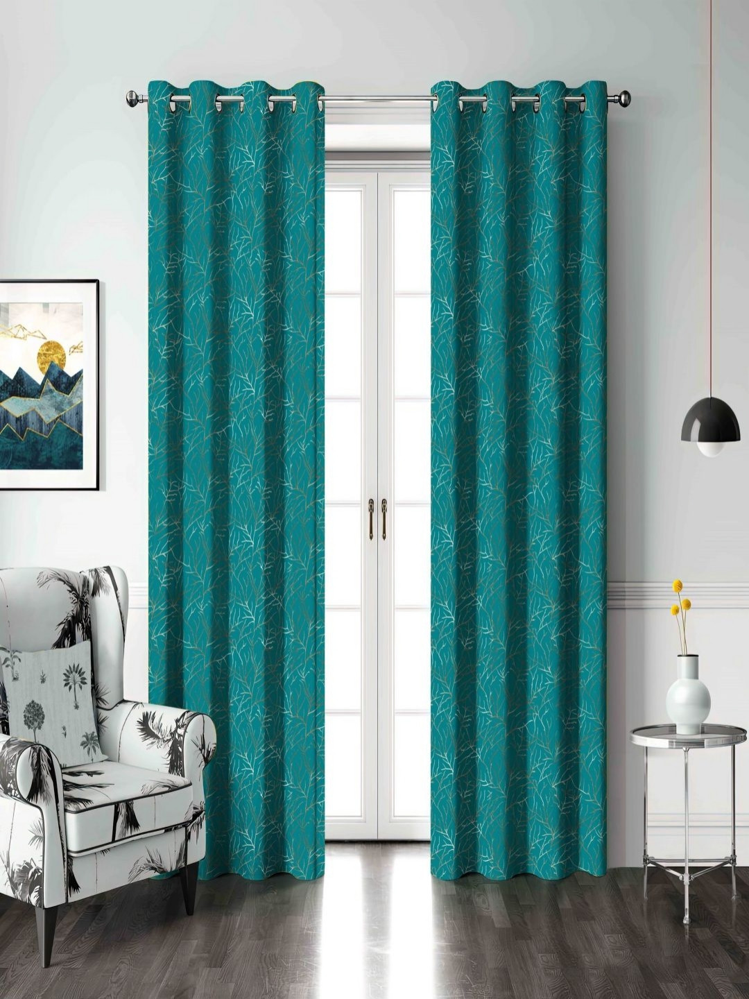 Myntra Elegant Homes Teal & Brown 2 Pieces Printed Black Out Door Curtains