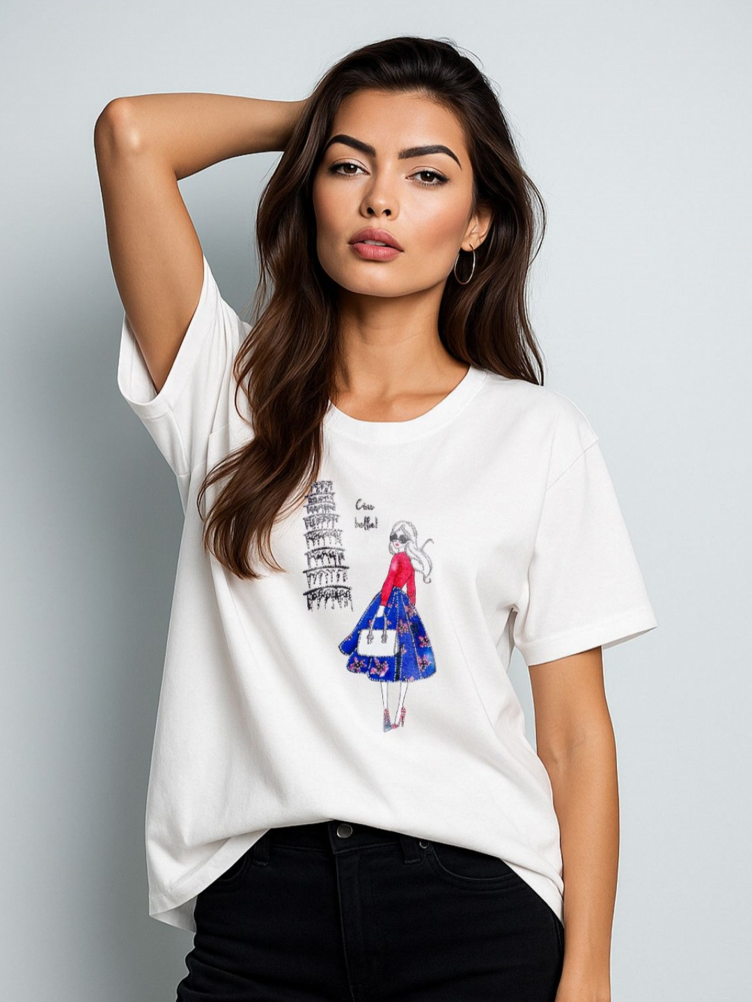 GRACE & JACK Paris Chic Girl 3D Graphic Printed Cotton Diamond Embellishment T-shirt