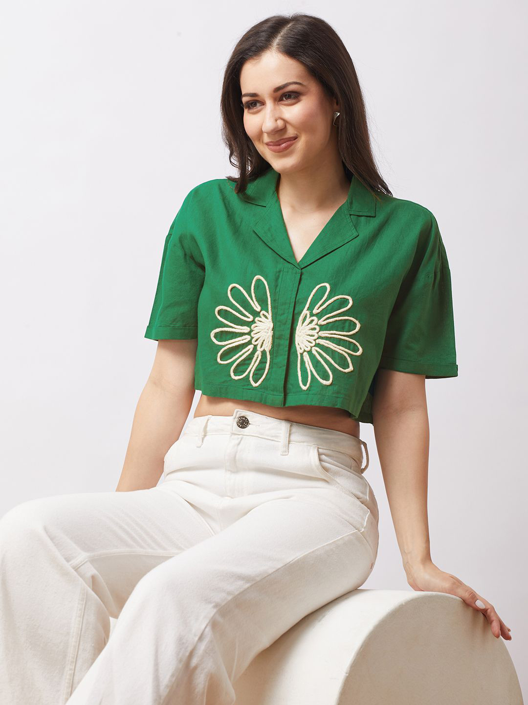 Globus Notch Lapel Drop Shoulder Sleeves Embroidered Detail Boxy Fit Crop Shirt