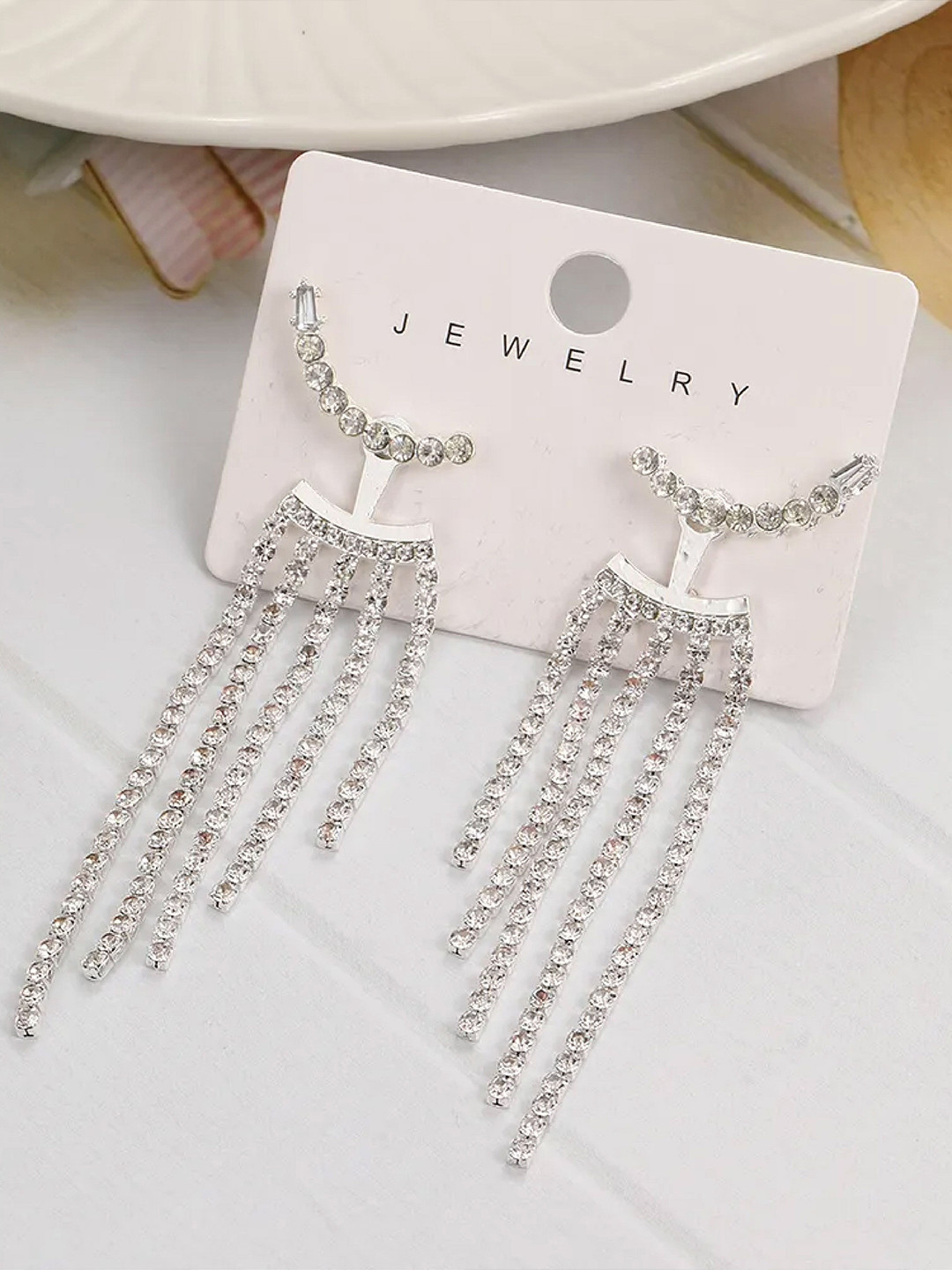 DKane Designs Rhodium-Plated Rhinestone Studded Contemporary Tasselled Drop Earrings