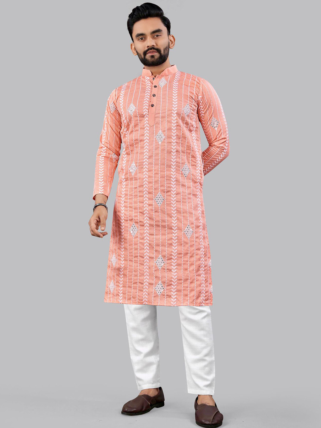 PulseIQ Floral Embroidered Mandarin Collar Chikankari Art Silk Straight Kurta