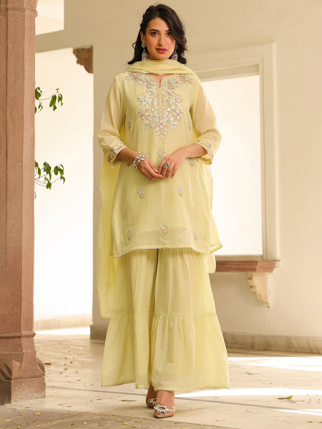 SCAKHI Women Lime green Mulmul Gota Patti Embroidered Sharara Set