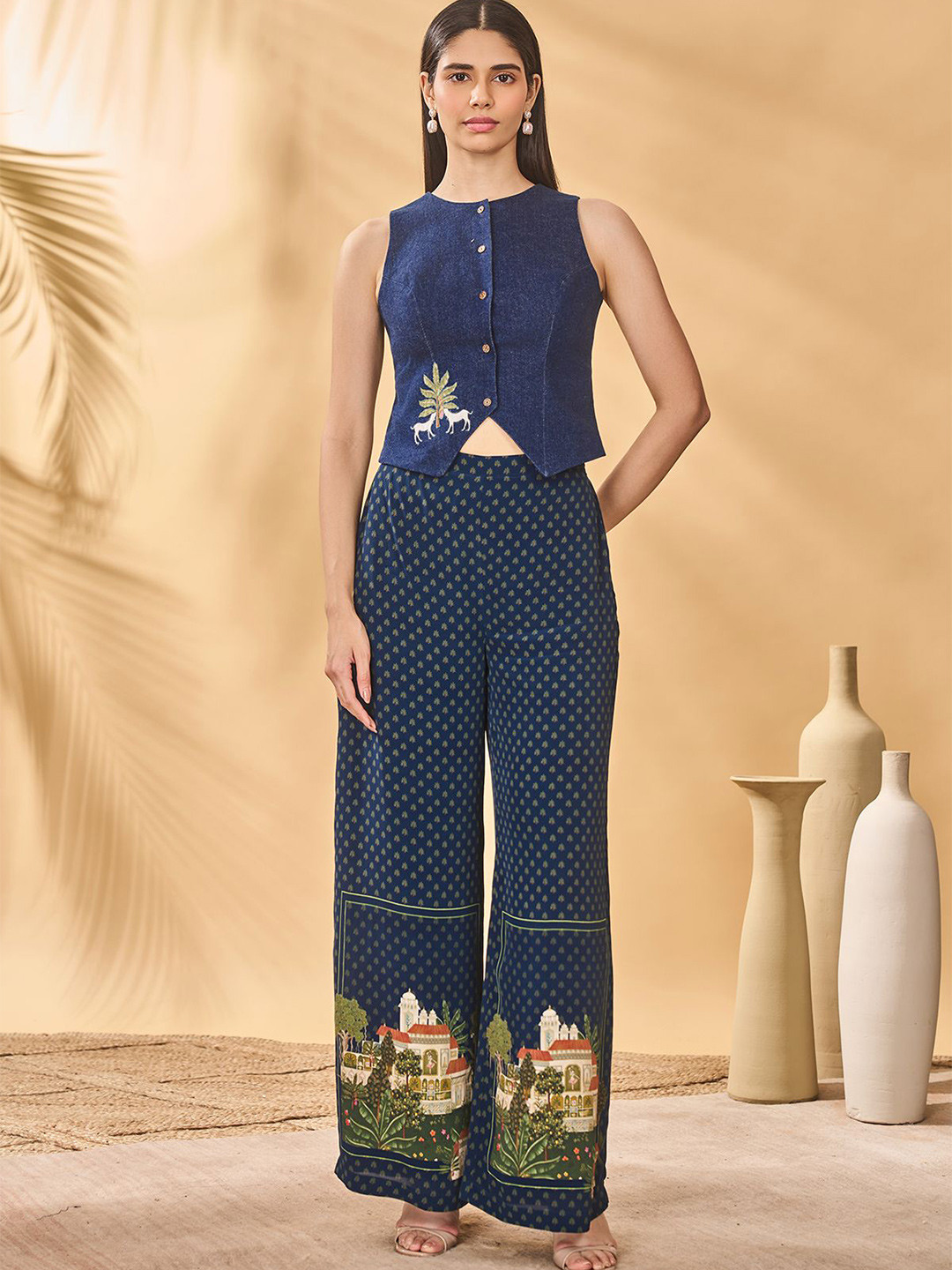 Masaba Women Blue CPaw Tree Denim Waistcoat Trousers Co-Ords