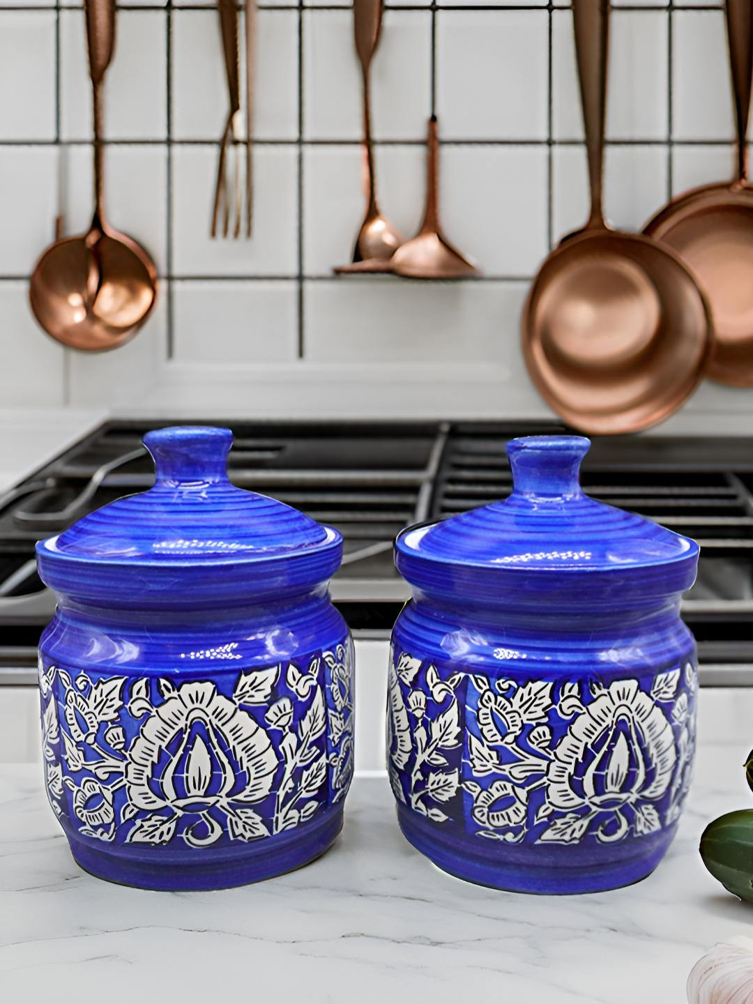 Kraftlik Handicraft 20-Pj1-Ncm2 Blue Floral Ceramic Easy To Clean 2 Piece Clip-On Canister-1L