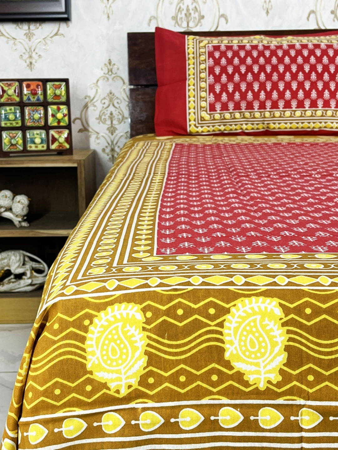 Marika Red Ethnic Motifs Cotton Breathable 220 TC Queen Fine Bedsheet with 2 Pillow Covers-90 x 100 inches