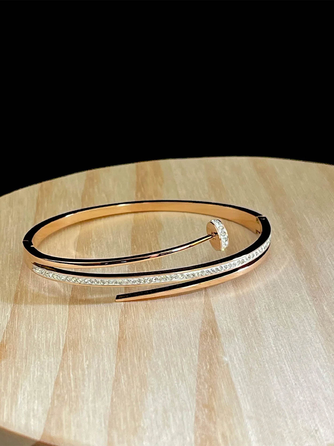 DKane Designs Stainless Steel Rose Gold-Plated American Diamond Nail Bangle-Style Bracelet