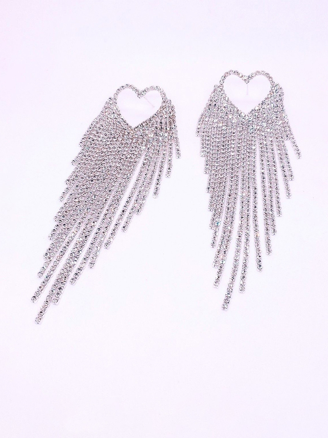 SAJOGO Silver Plated Layered Rhinestone Studded Tasseled Contemporary Drop Earrings