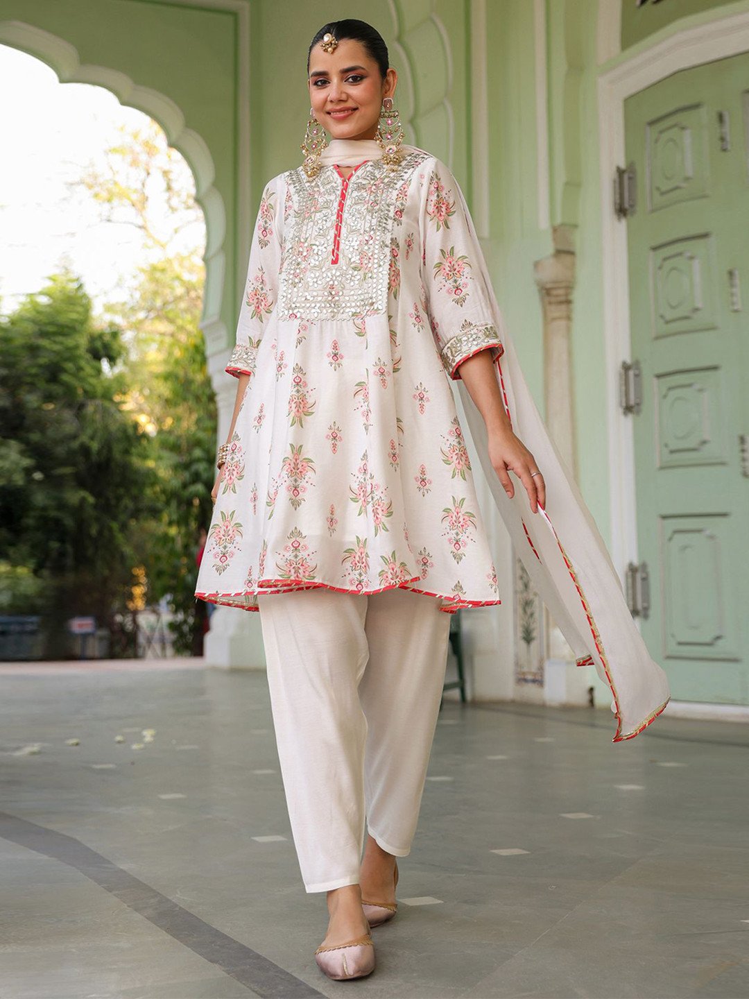 SCAKHI Women Ivory Chanderi Silk Floral Printed Anarkali Set