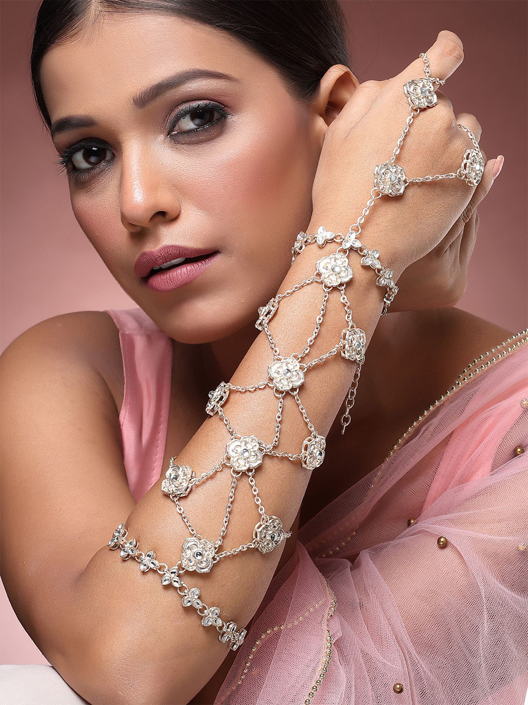 KARATCART Gold-Plated Kundan Studded Wraparound Floral Traditional Bracelet
