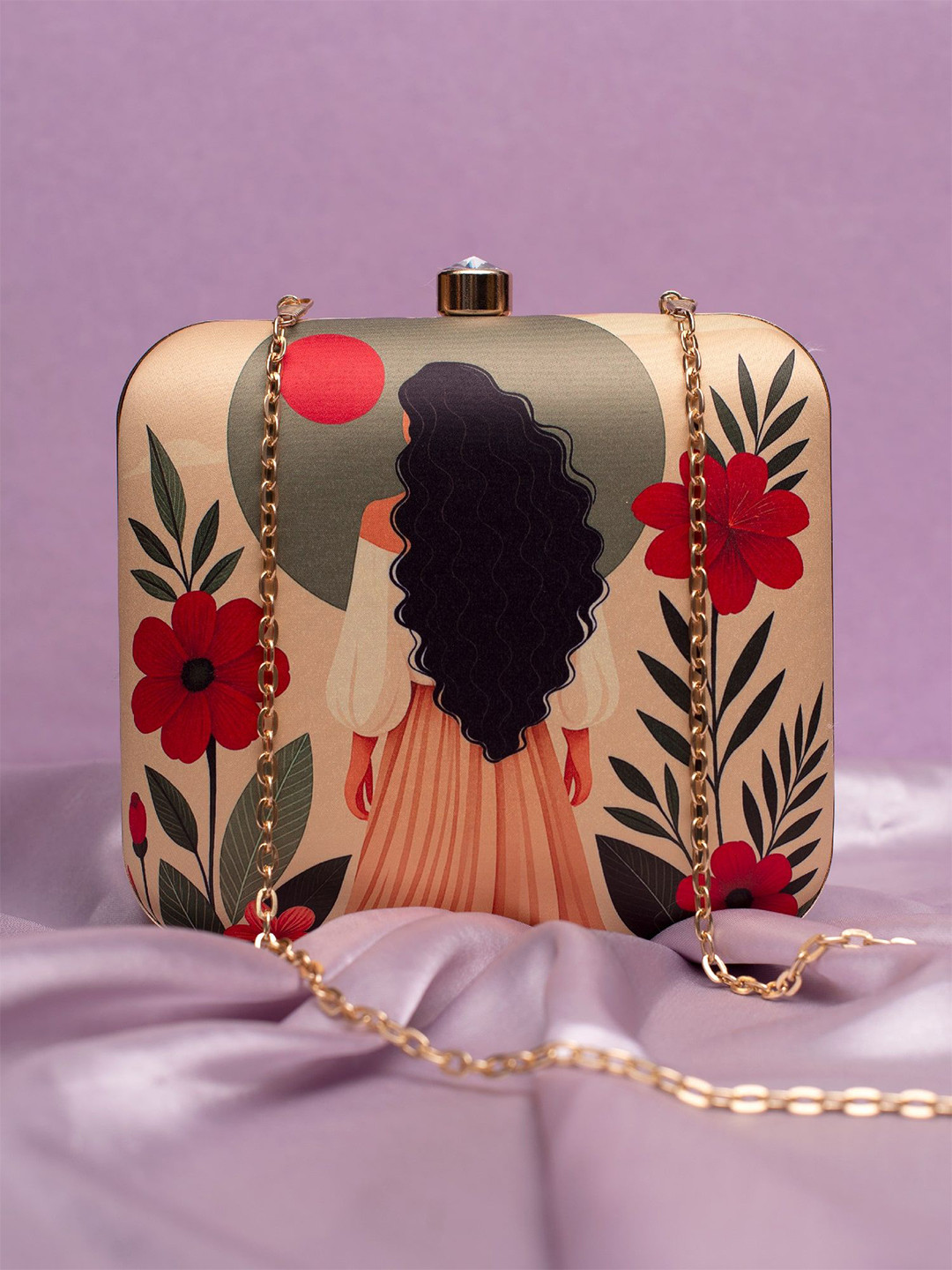 ARTKLIM  Curly Hair Printed Buckle Detail Box Clutch