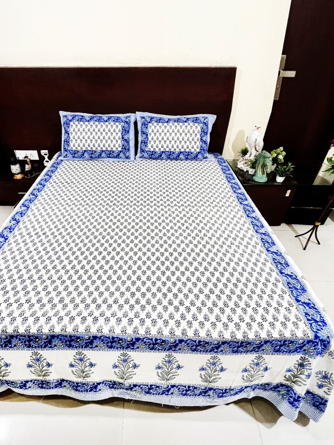 Marika Blue Floral Cotton Breathable 260 TC King Fine Bedsheet with 2 Pillow Covers-93 x 108 inches