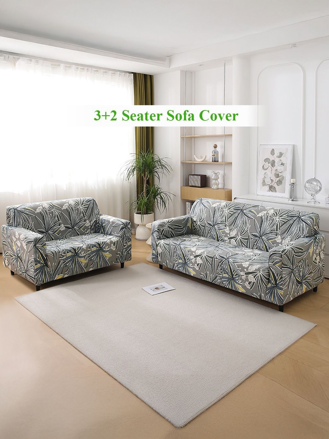 HOKIPO Frost Grey Marginata Print 5 Seater Fully Covered Stretchable Sofa Cover