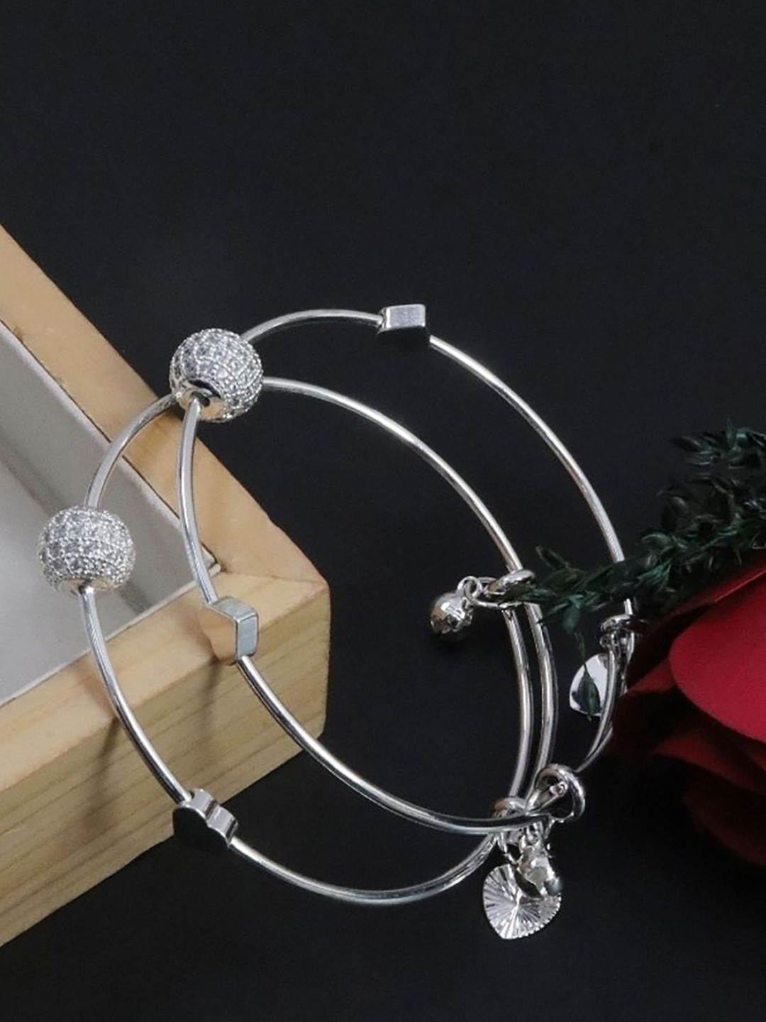 DIMIKI Silver-Plated American Diamond Studded Ball Bangle Style Bracelet