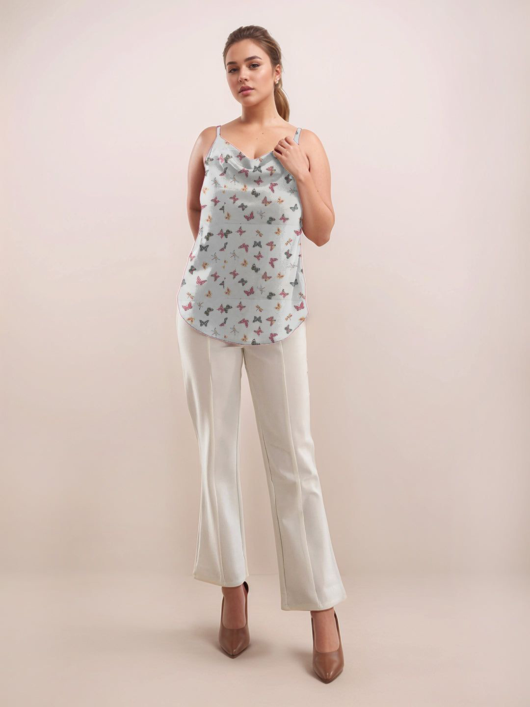 Zink London Women White Tropical Printed Cowl Neck Shoulder Straps V-Blouses & Tops