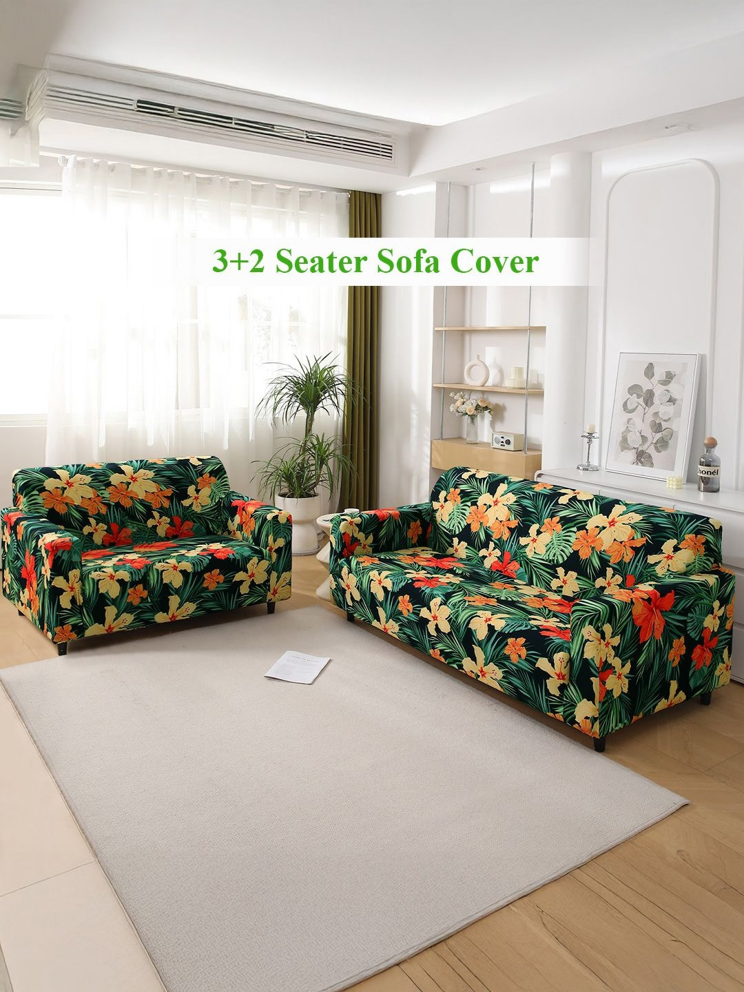 HOKIPO Spring Green Hibiscus Print 5 Seater Fully Covered Stretchable Sofa Cover