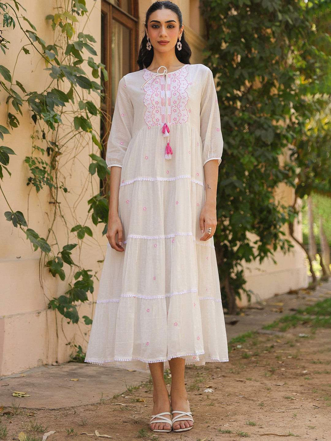 SCAKHI Pink-White Cotton Mulmul Embroidered Tiered Maxi Dress