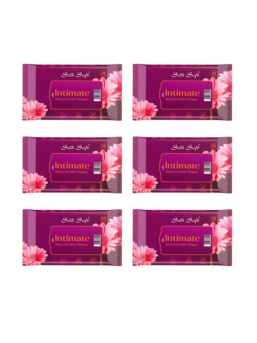 Silk Soft Set Of 6 Intimate Natural Wet Wipes - 10 Wipes Each