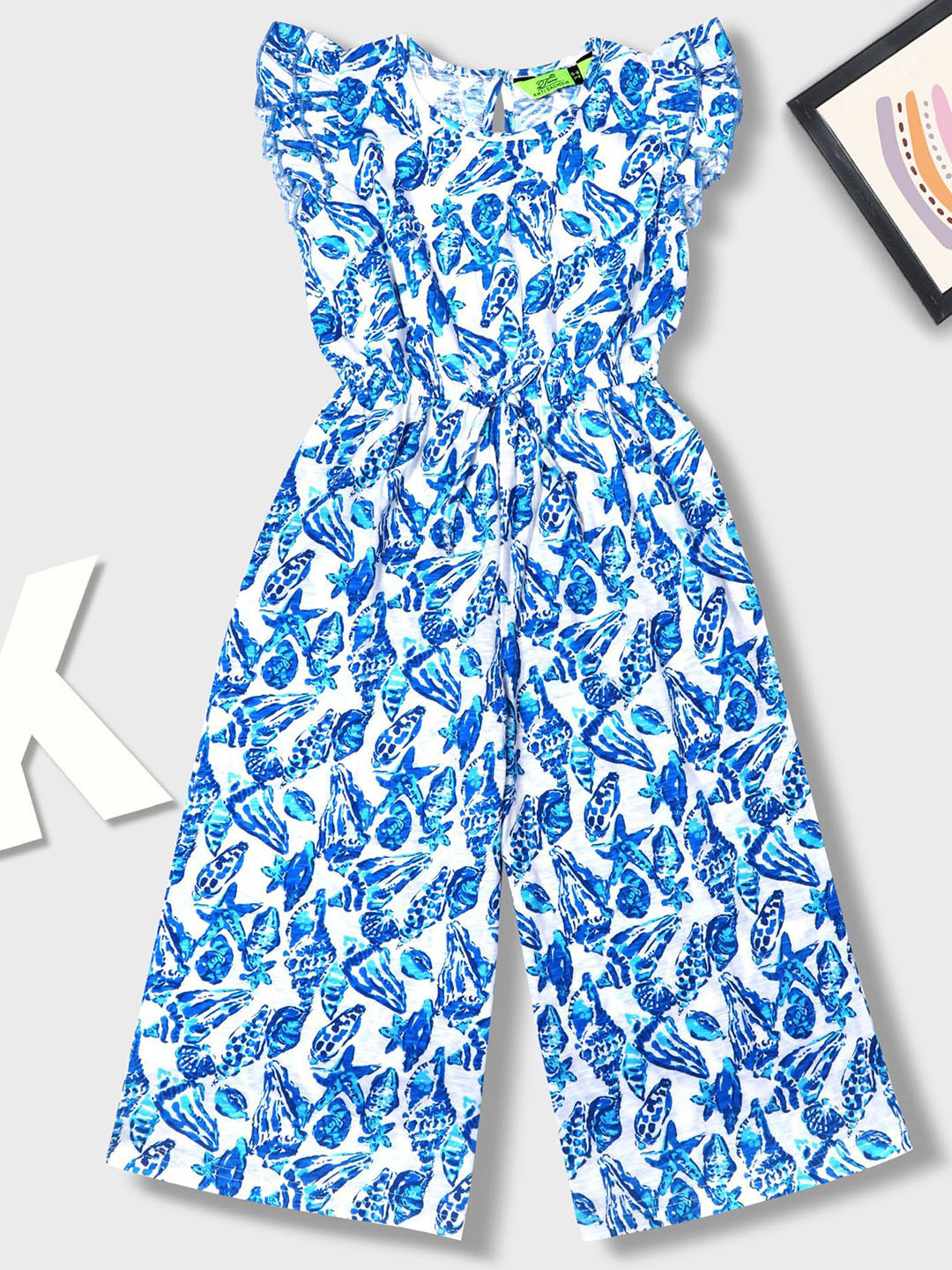 Tiara Girls Floral Printed  Pure Cotton Jersey Jumpsuit With Flutter Sleeves