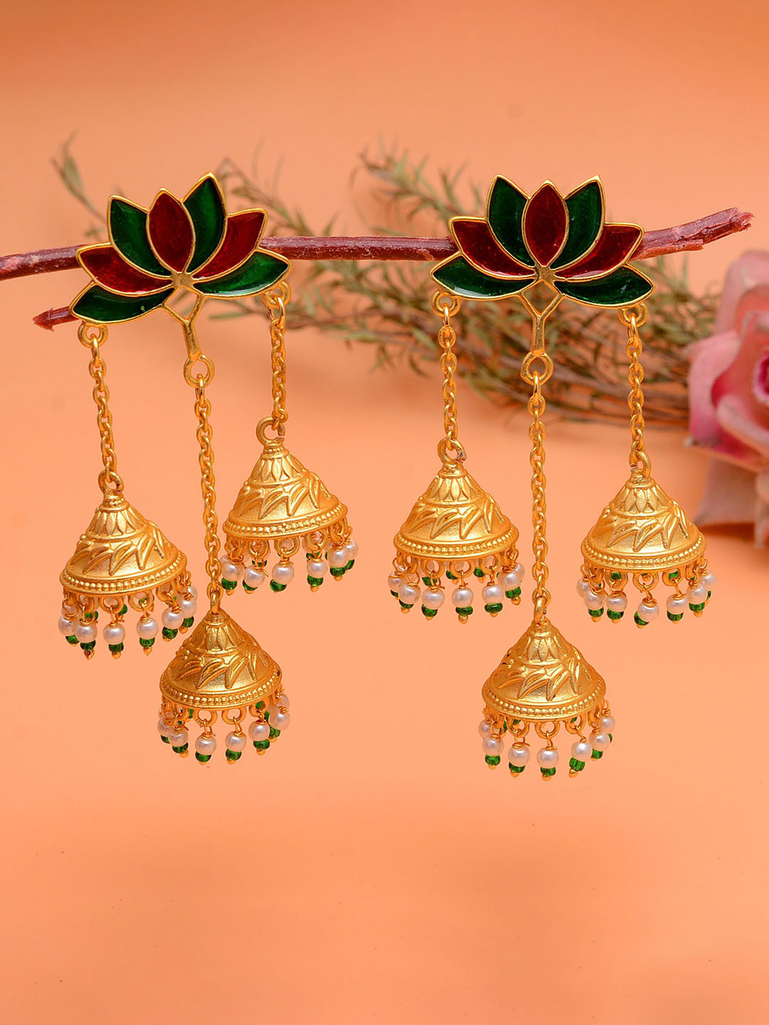Tanusha Jewels Gold-Plated Pearls Beaded and Artificial Beaded Dome Shaped Jhumkas