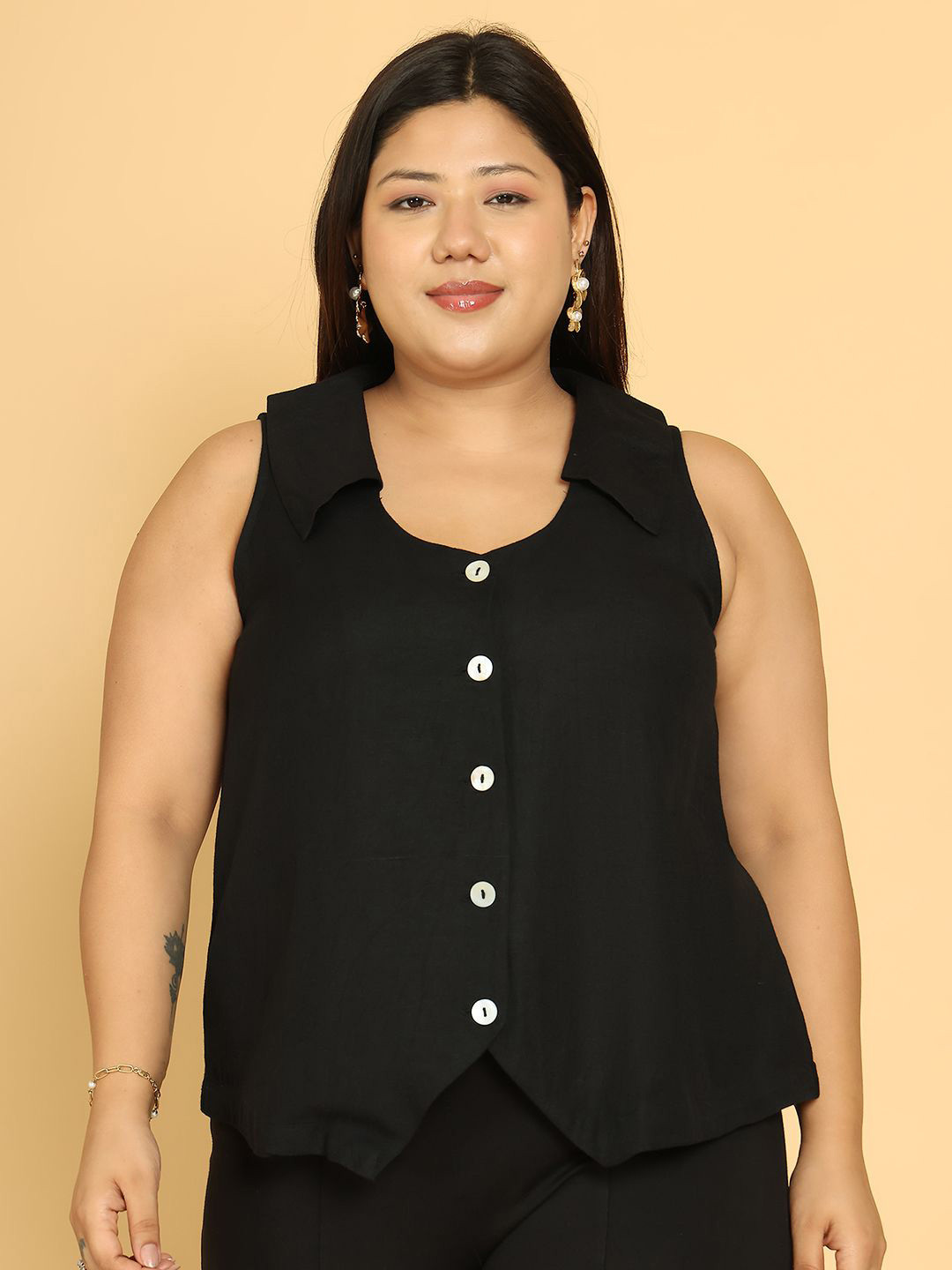 theRebelinme Plus Size Shirt Collar Linen Vest Top