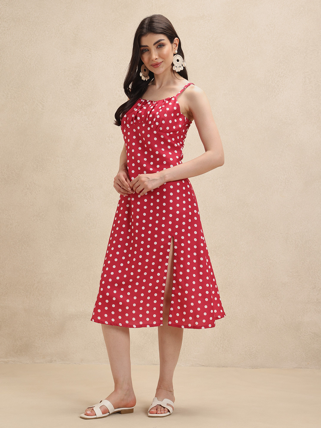 SZN Women Red Polka Dots Sleeveless Knee Length Casual Dress