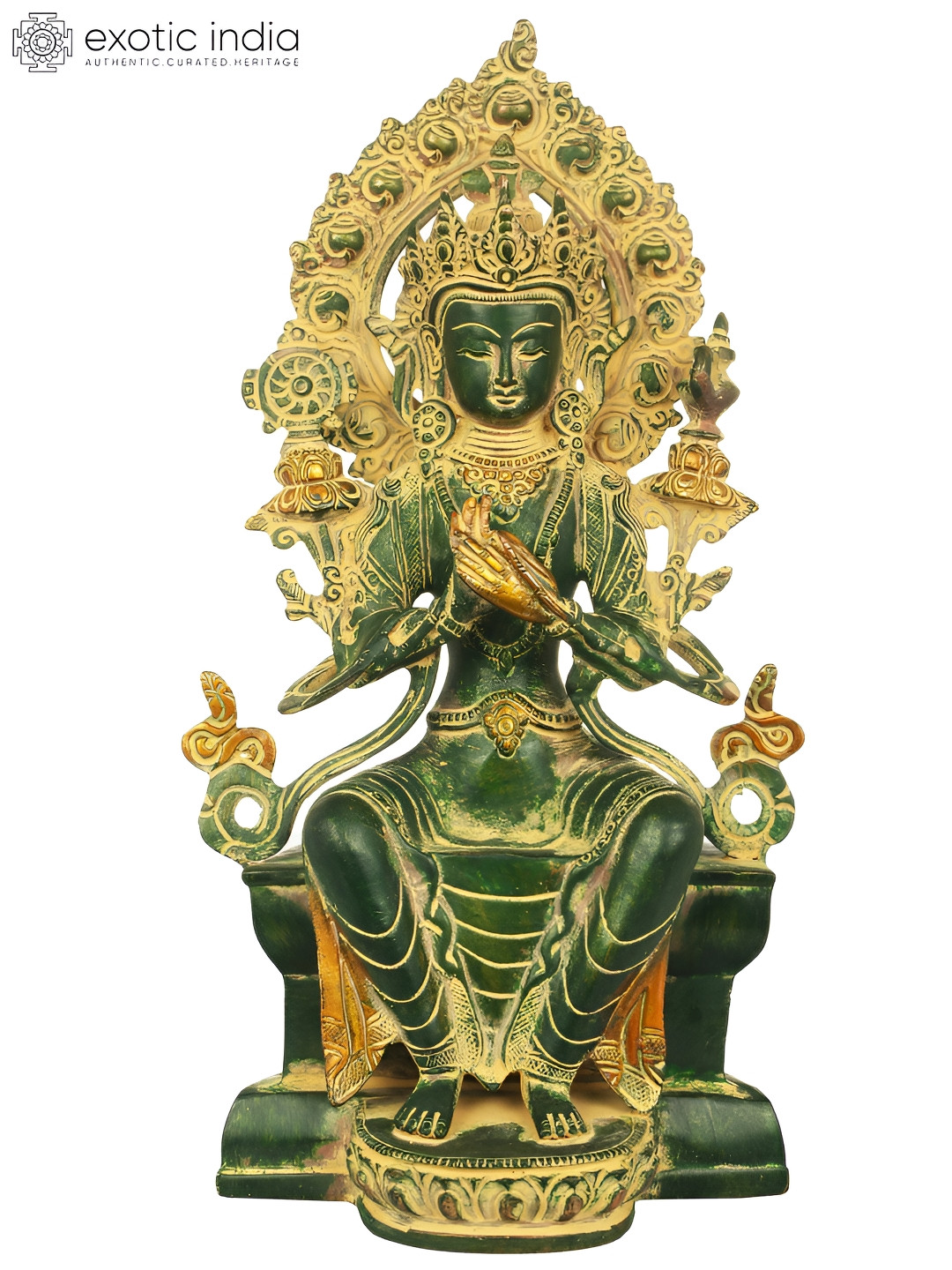 Exotic India Green & Gold Toned Maitreya Buddha Brass Idol Showpiece
