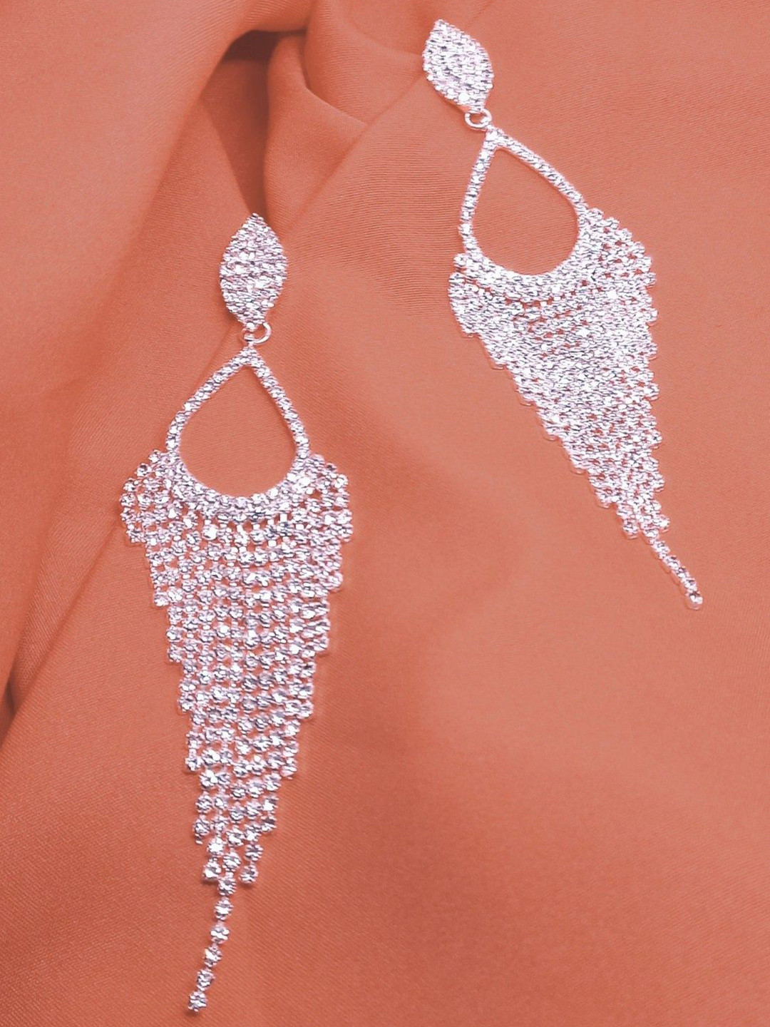 SAJOGO Silver Plated Layered Rhinestone Studded Contemporary Drop Earrings