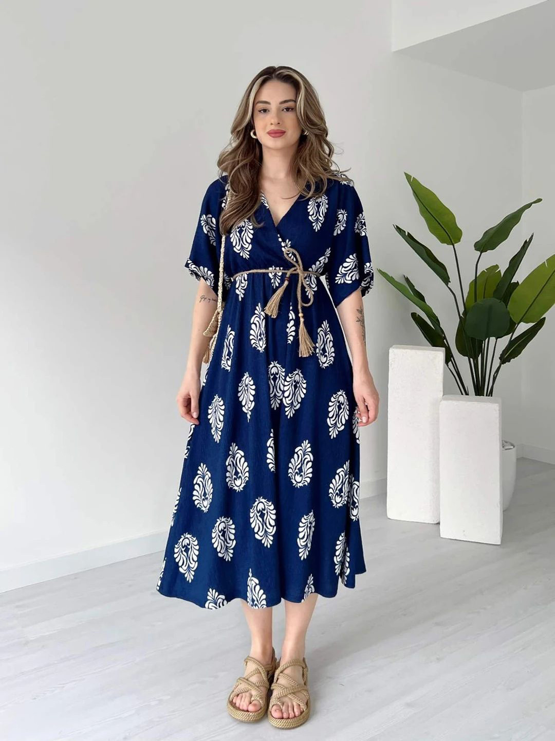 MANOJAVA Floral Printed V-Neck Fit & Flare Midi Dress